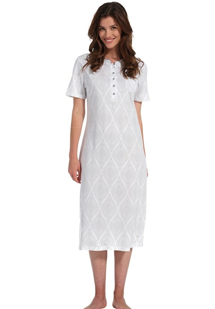 Pastunette Nightshirts | Pastunette Cotton-Modal Short Sleeve Nightdress With Buttons 'Softly Dotted Diagonals'