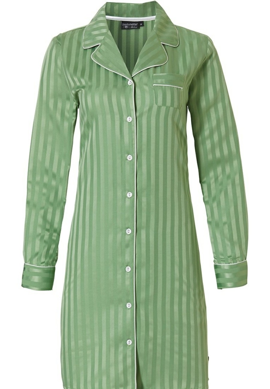 Pastunette Deluxe Nightshirts | Pastunette Deluxe Jade Green Full Button Nightdress 'Soft As Satin Stripes'