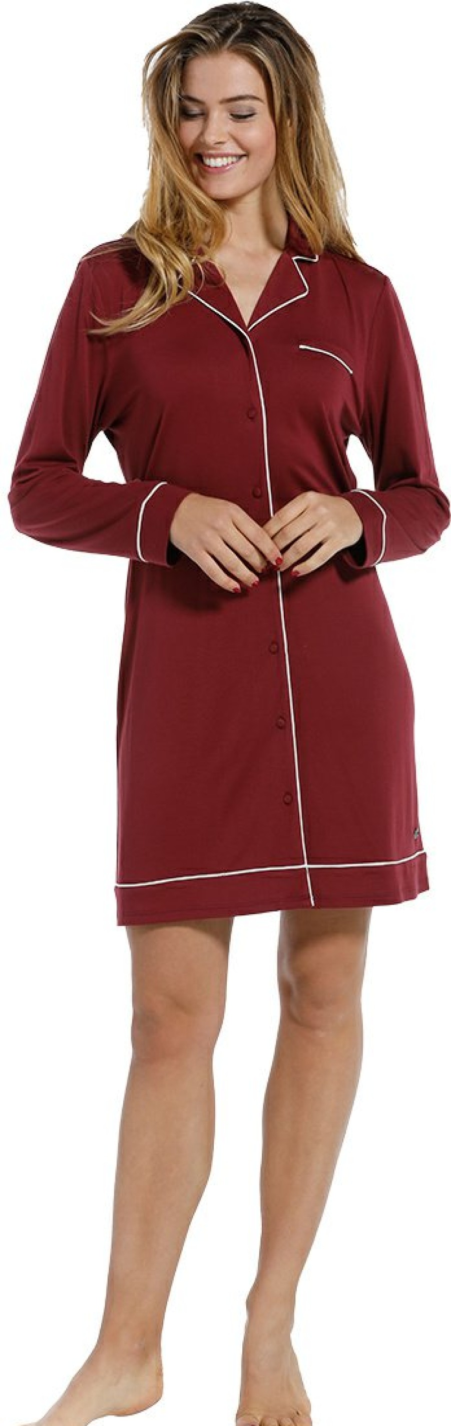 Pastunette Deluxe Nightshirts | Pastunette Deluxe 'Delightful Bordaux' Dark Red & White, Luxurious & Soft, Long Sleeve, Full Button, 75% Modal Nightshirt With Revere Collar And Chest Pocket