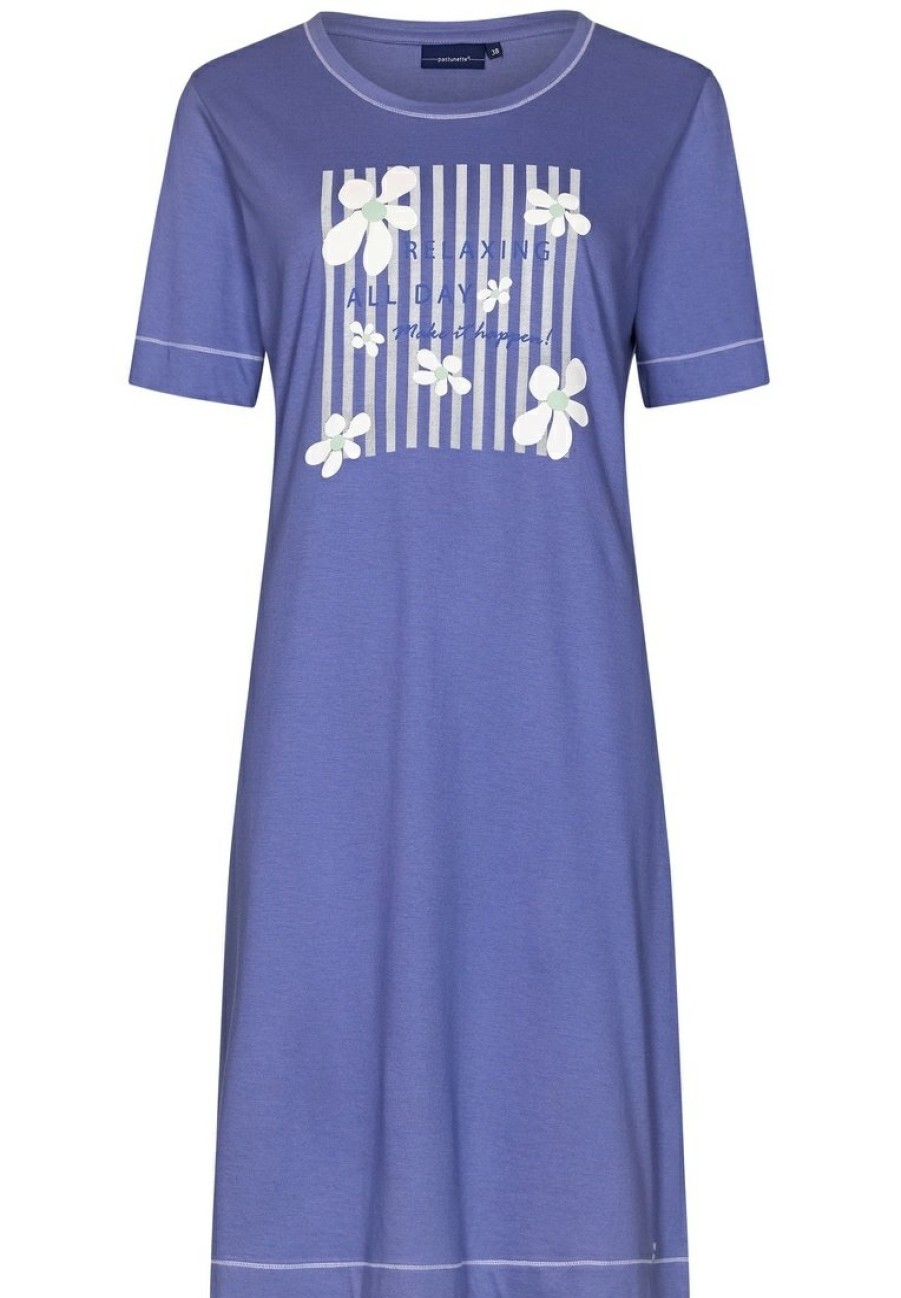 Pastunette Nightshirts | Pastunette Ladies Short Sleeve Organic Cotton Blue Nightdress 'Flowery Stripes'