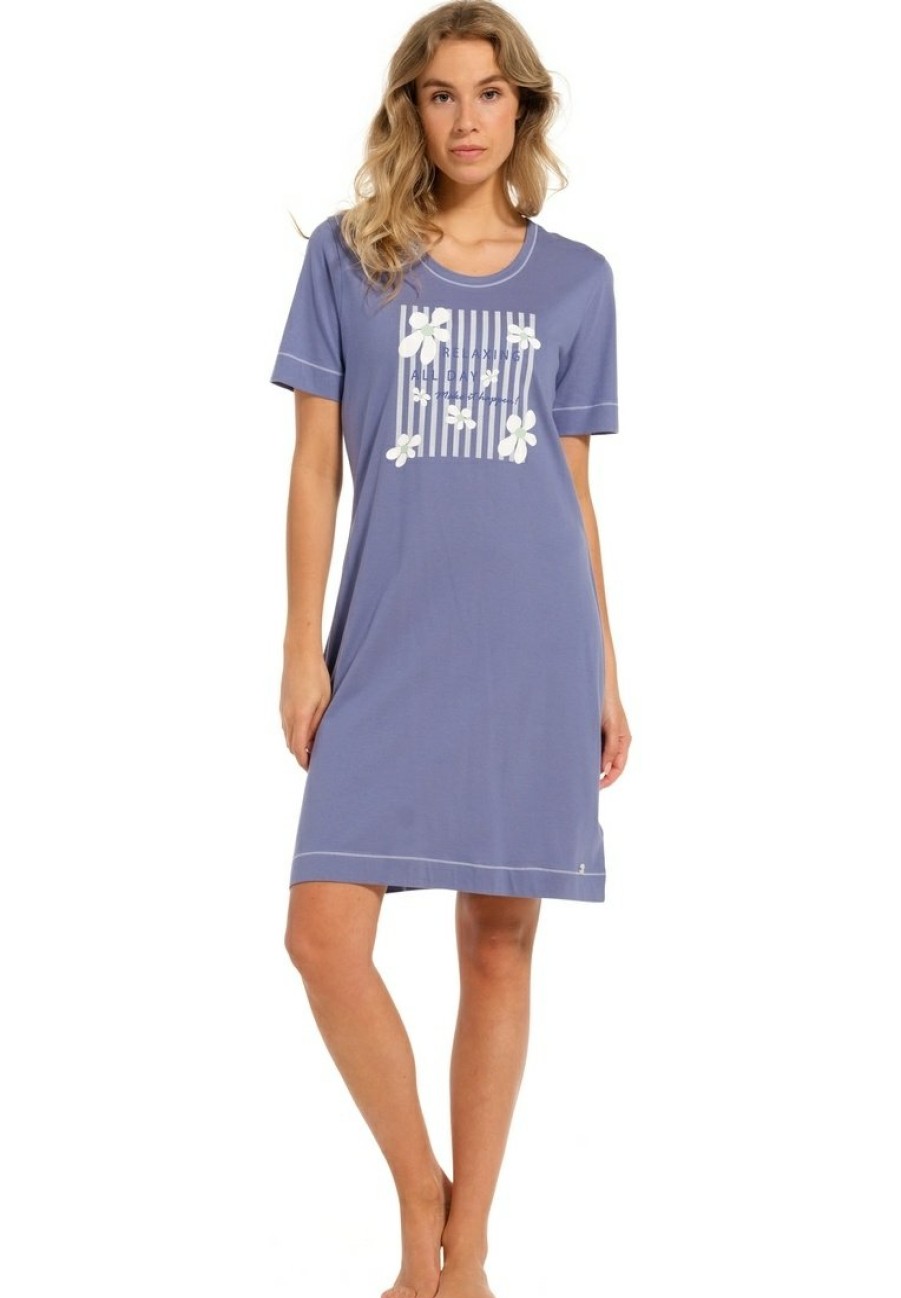 Pastunette Nightshirts | Pastunette Ladies Short Sleeve Organic Cotton Blue Nightdress 'Flowery Stripes'