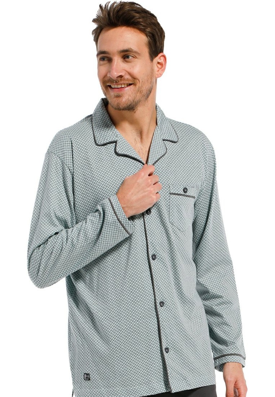 Pastunette for Men Mix & Match | Pastunette For Men Light Green Long Sleeve Mens Full Button Cotton Pyjama Top 'Link Of Bricks'