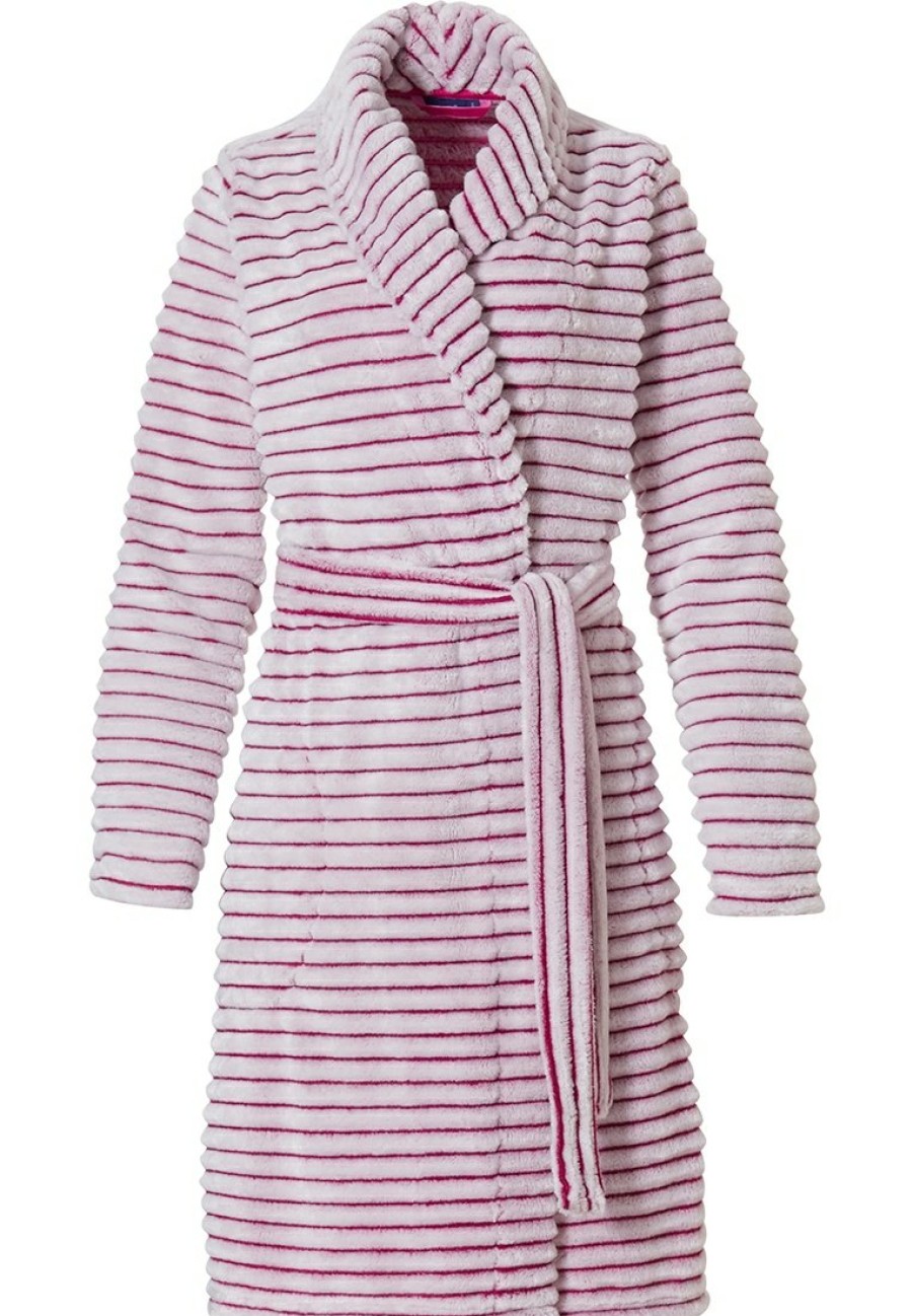 Pastunette Bathrobes | Pastunette Warm Wrap-Over Fleece Morninggown 'Soft Pink Lines'