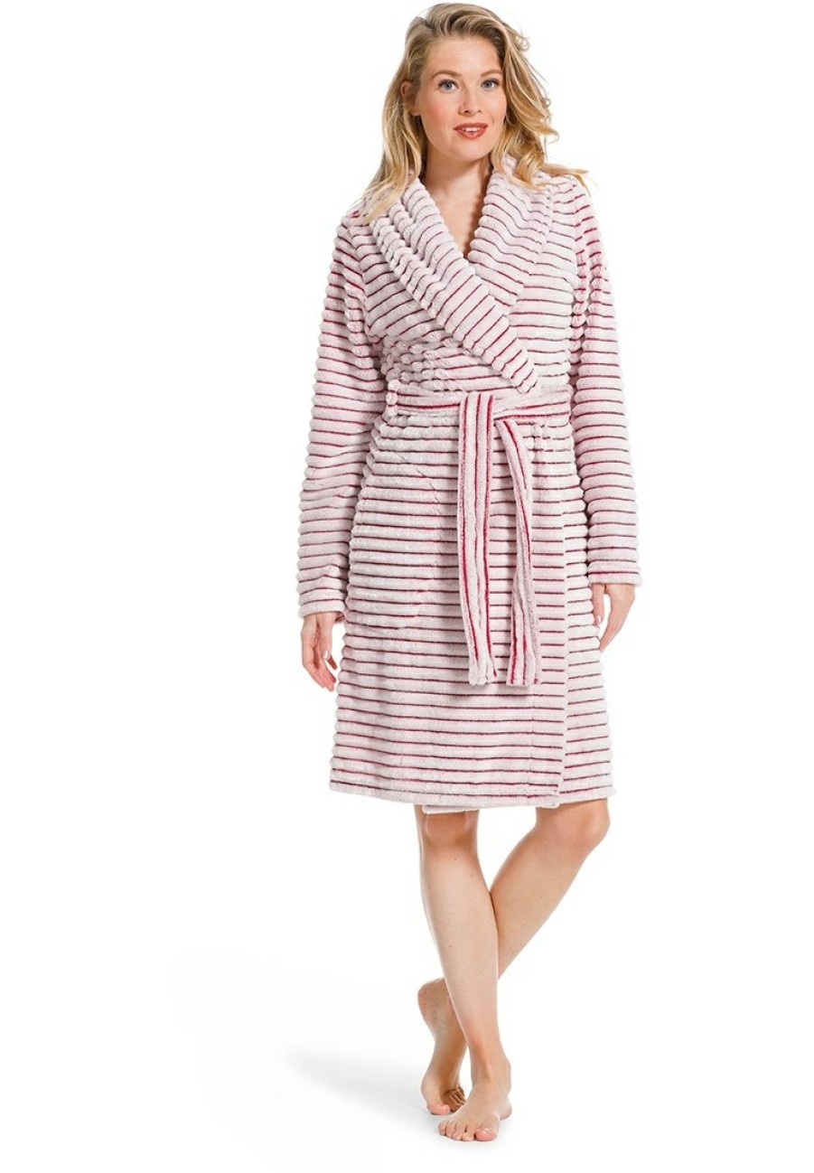 Pastunette Bathrobes | Pastunette Warm Wrap-Over Fleece Morninggown 'Soft Pink Lines'