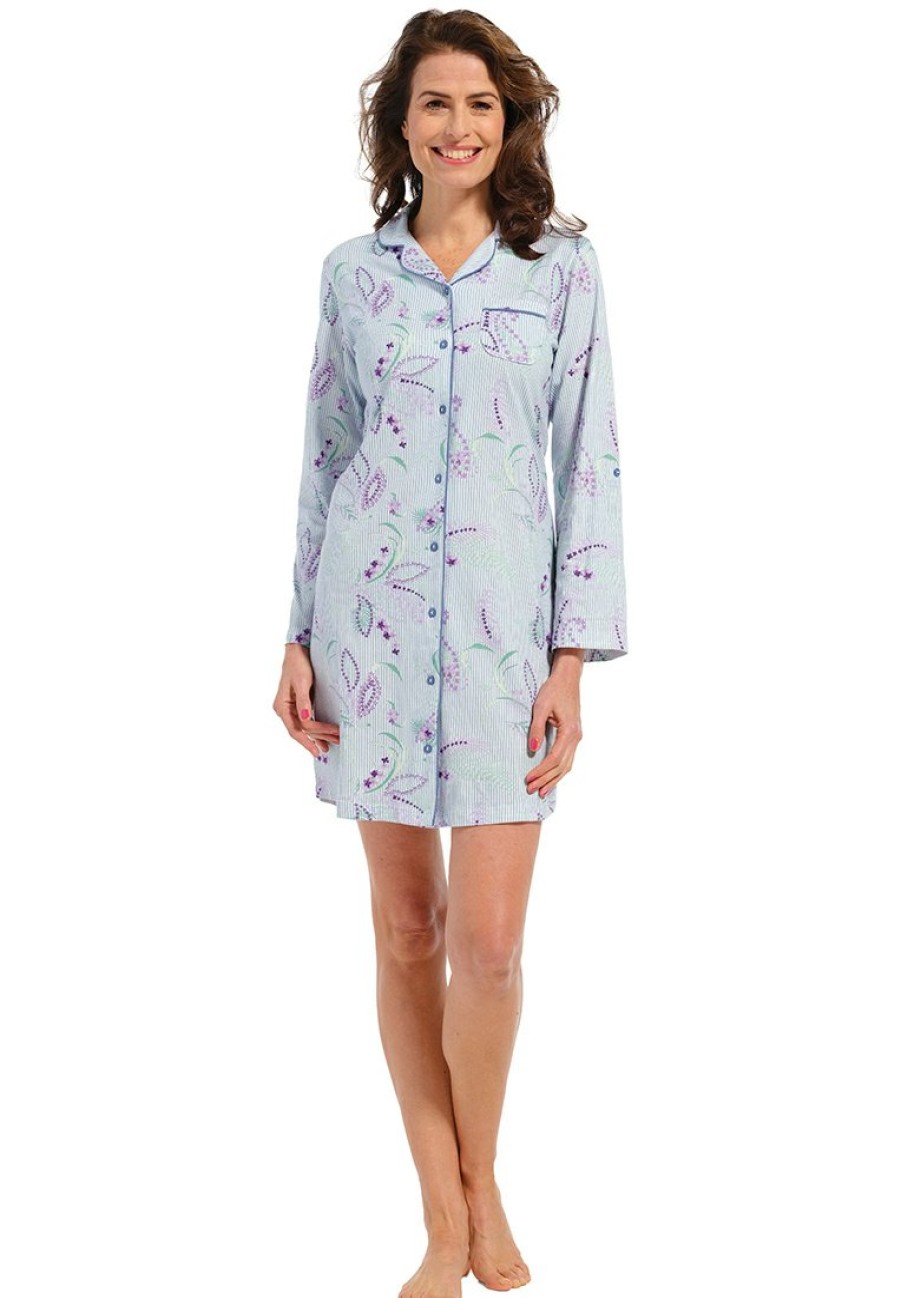 Pastunette Nightshirts | Pastunette Ladies Cotton Full Button Nightdress 'Paisley Flower Stripes'