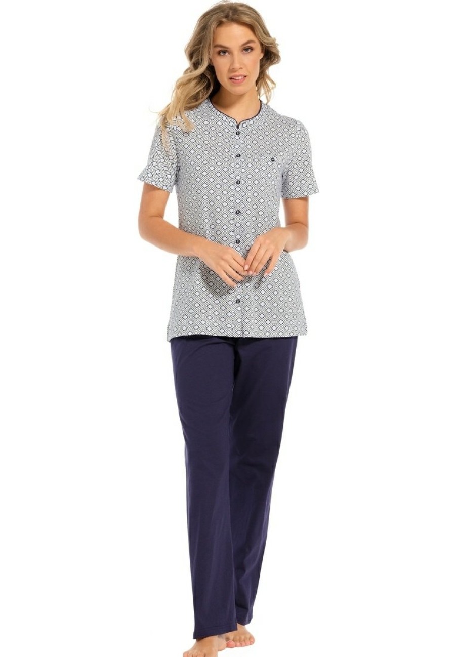 Pastunette Pyjamas | Pastunette Ladies Short Sleeve Full Button Cotton Pyjama Set 'Geometric Diamond'