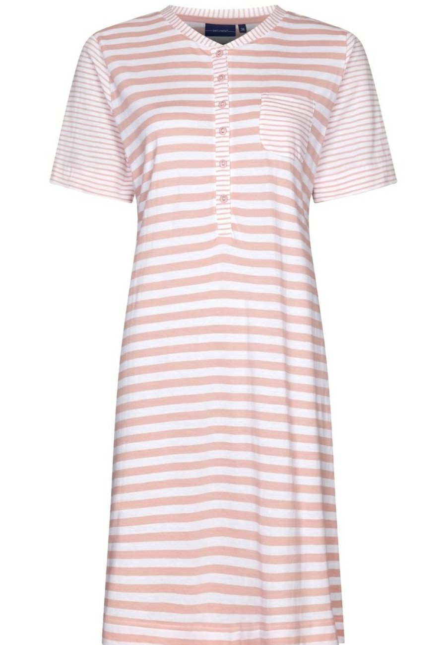 Pastunette Nightshirts | Pastunette Ladies Short Sleeved Striped Cotton Nightdress With Buttons 'Stripey Pink'