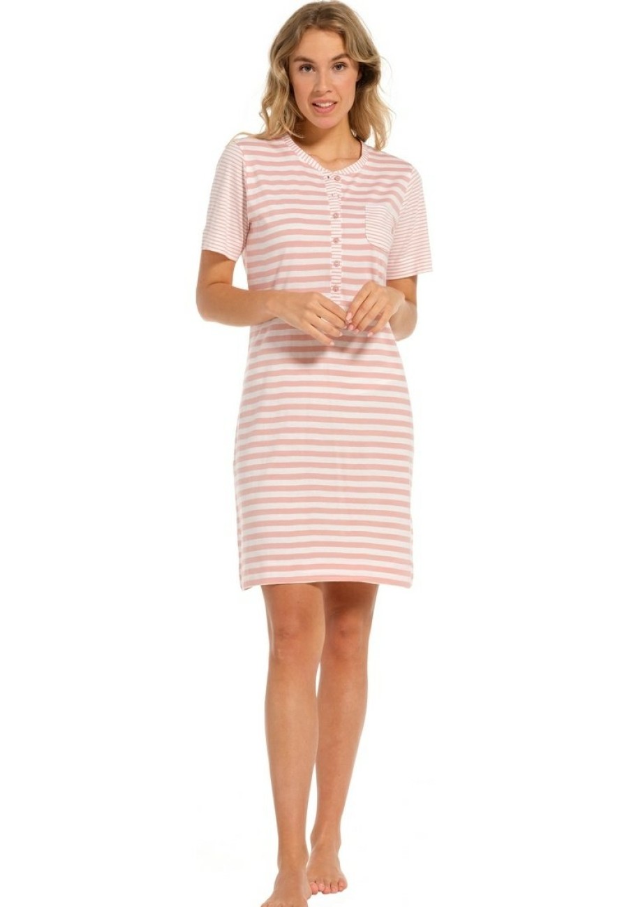 Pastunette Nightshirts | Pastunette Ladies Short Sleeved Striped Cotton Nightdress With Buttons 'Stripey Pink'