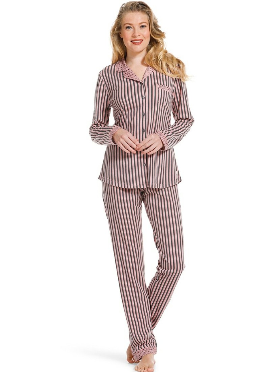 Pastunette Pyjamas | Pastunette Ladies Full Button Cotton-Modal Pyjama 'Smart Stripes & Diamonds'