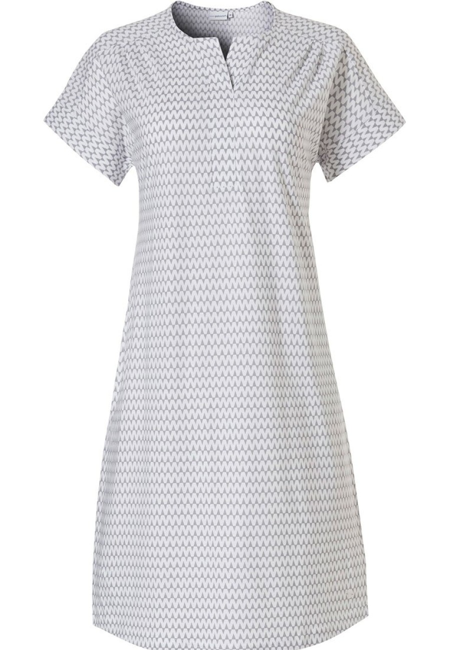 Pastunette Nightshirts | Pastunette 'Pretty Fine Fine Zig Zag Lines' Short Sleeve, Light Grey & White Ladies Cotton-Modal Nightdress With V Neck