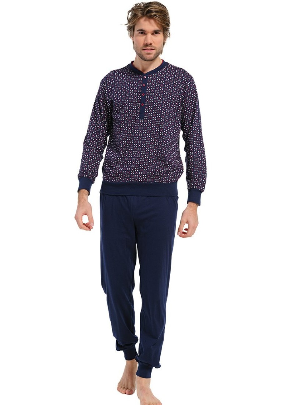 Pastunette for Men Pyjamas | Pastunette For Men Mens Blue Long Sleeve Cotton Pyjama Set With Buttons 'Square Dots'