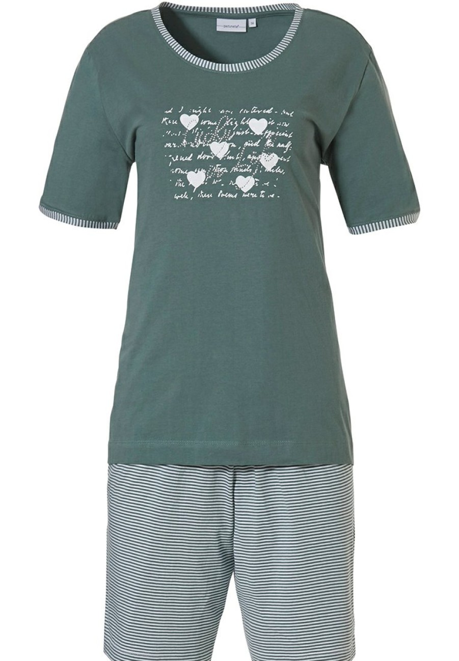 Pastunette Shorty Sets | Pastunette ' Lucky In Life ' Sage Green & Pure White 100% Cotton Short Sleeve Ladies Shorty Set With Pretty Diamante Detail On Front And Stripey Shorts