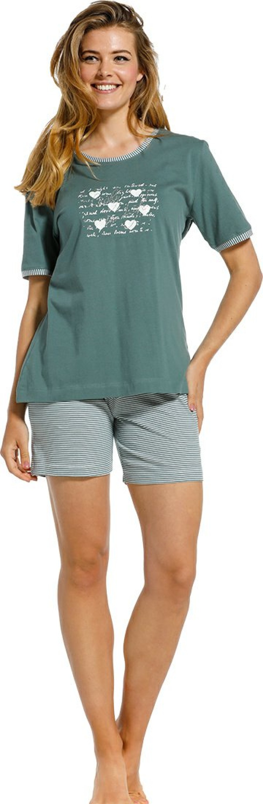 Pastunette Shorty Sets | Pastunette ' Lucky In Life ' Sage Green & Pure White 100% Cotton Short Sleeve Ladies Shorty Set With Pretty Diamante Detail On Front And Stripey Shorts