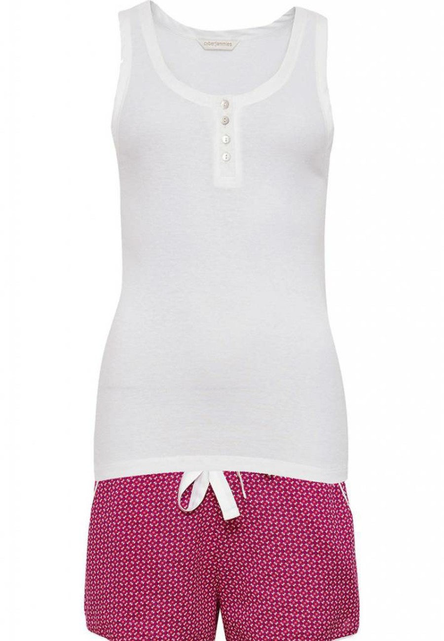 Cyberjammies Shorty Sets | Cyberjammies Joyce Pink Shorty Set With White Ribbed Vest With Buttons