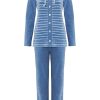 Pastunette Homesuits | Pastunette Blue Soft Cotton Velvet Striped Homesuit With Buttons