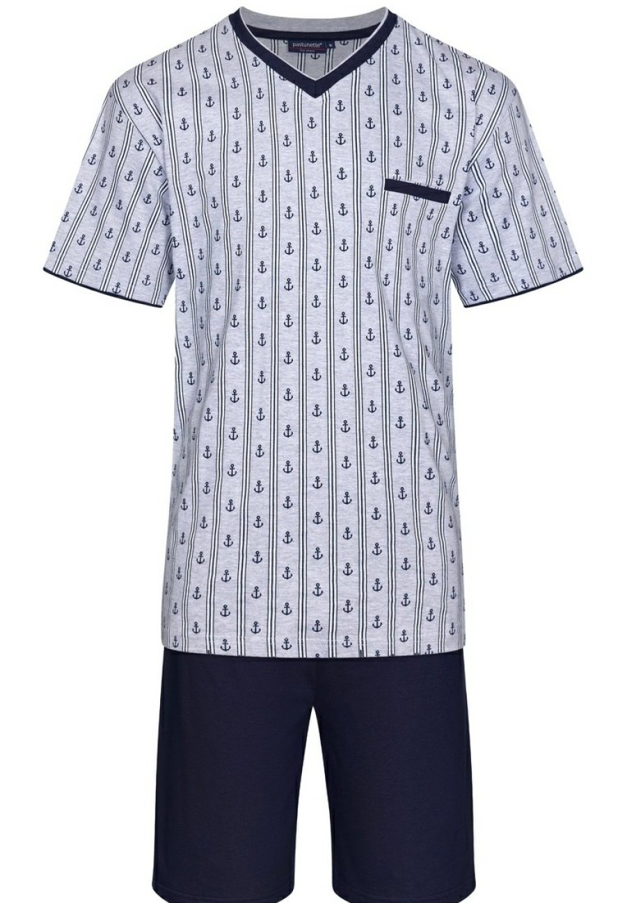 Pastunette for Men Shorty Set | Pastunette For Men Men'S 'V' Neck Cotton-Mix Shorty Set 'Anchor Lines'