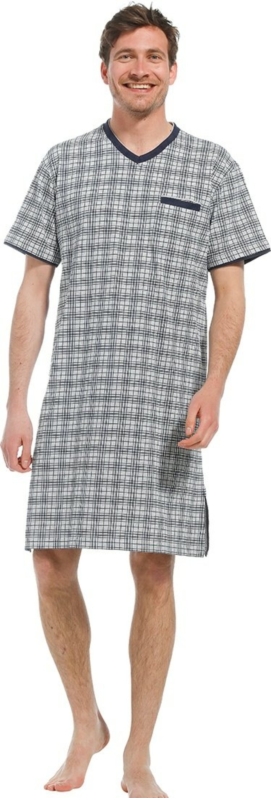 Pastunette for Men Nightshirts | Pastunette For Men Mens Grey Short Sleeve Cotton Nightshirt 'Checked Up'