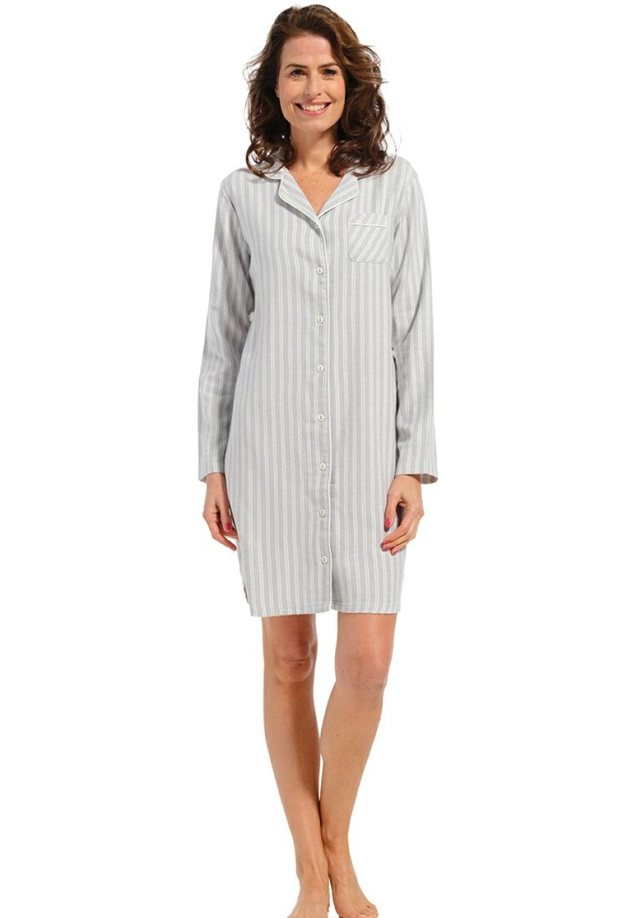 Pastunette Nightshirts | Pastunette Ladies Cotton Flannel Full Button Nightdres 'Modern Stripes