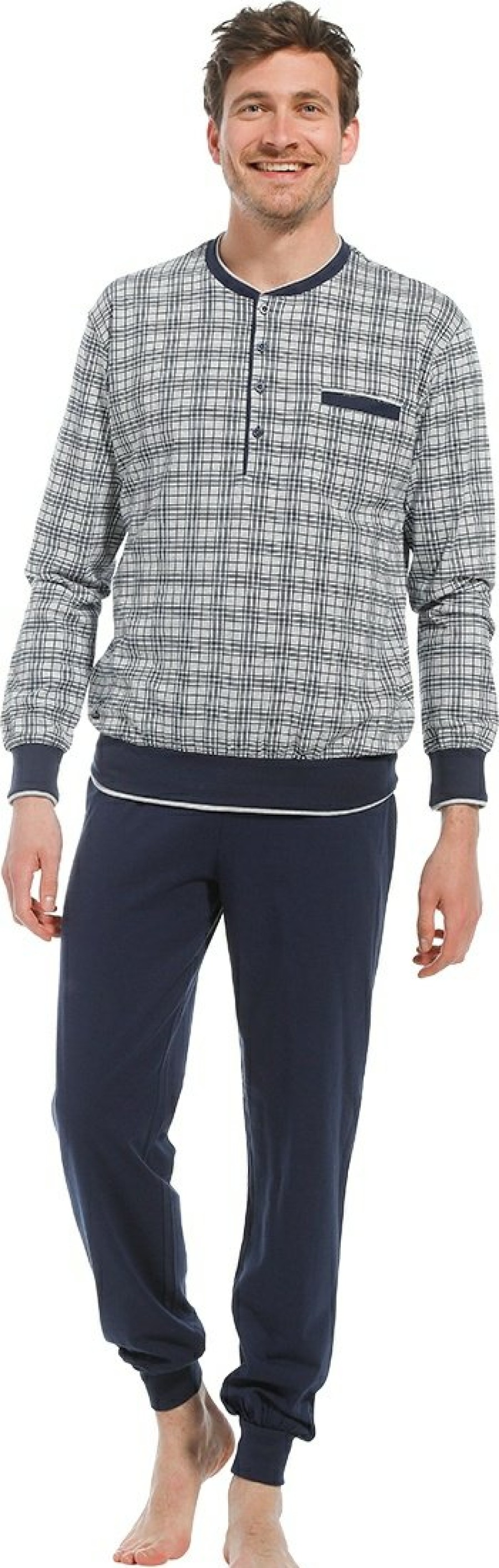 Pastunette for Men Pyjamas | Pastunette For Men Grey Cotton Pyjama Set With Buttons 'Checked Up'