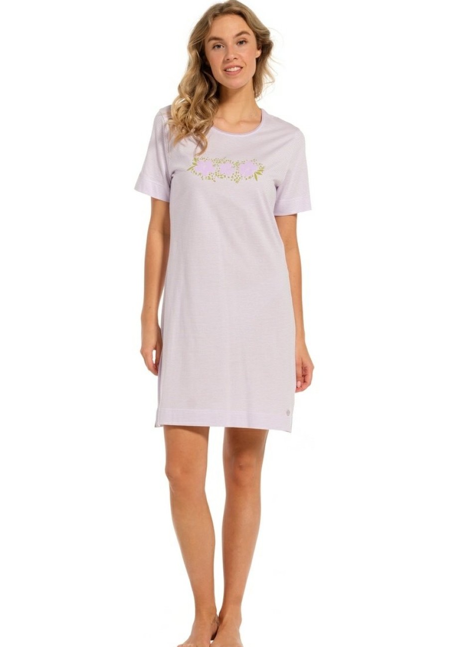 Pastunette Nightshirts | Pastunette Ladies Short Sleeve Cotton Nightdress 'Flowery Lilac Stripes'