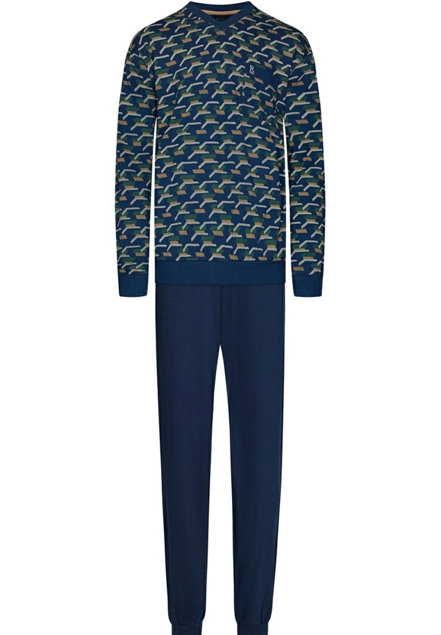 Robson Pyjamas | Robson Men'S Long Sleeve 'V' Neck Cotton Pyjama Set 'Stripblocks'