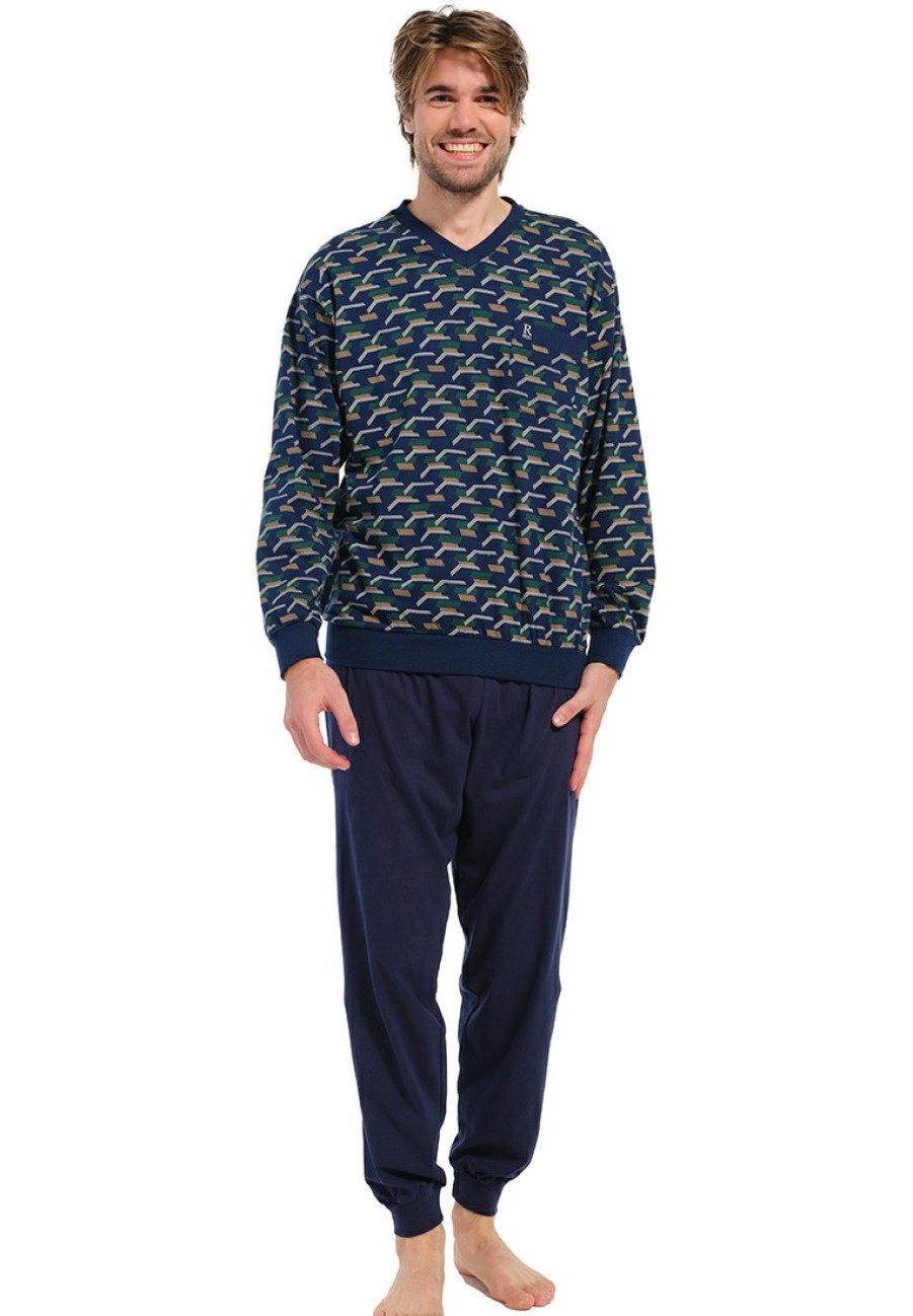 Robson Pyjamas | Robson Men'S Long Sleeve 'V' Neck Cotton Pyjama Set 'Stripblocks'