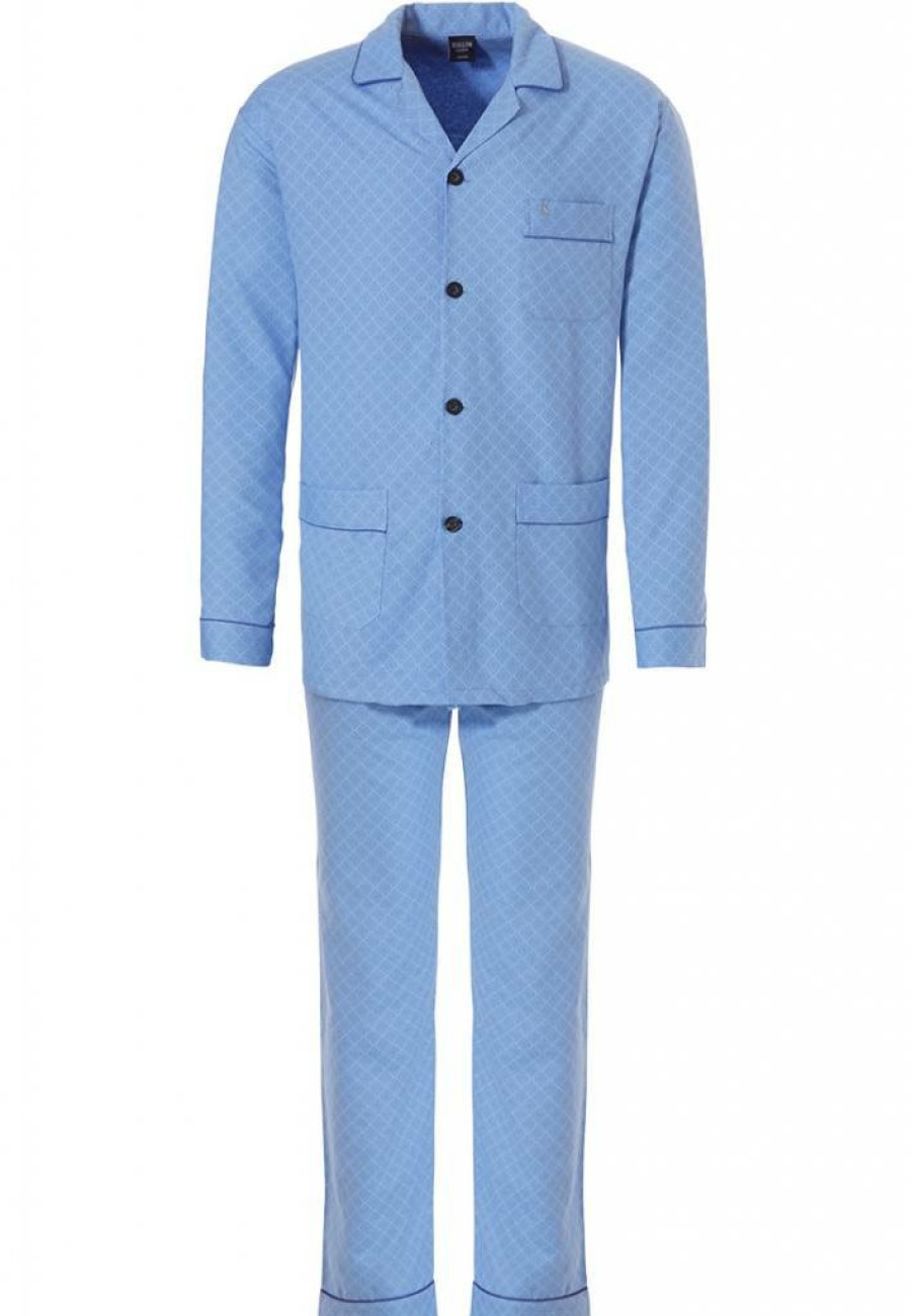 Robson Pyjamas | Robson Full Button, Fresh Blue Woven Cotton Men'S Pyjama 'Soft Diamond Pattern'