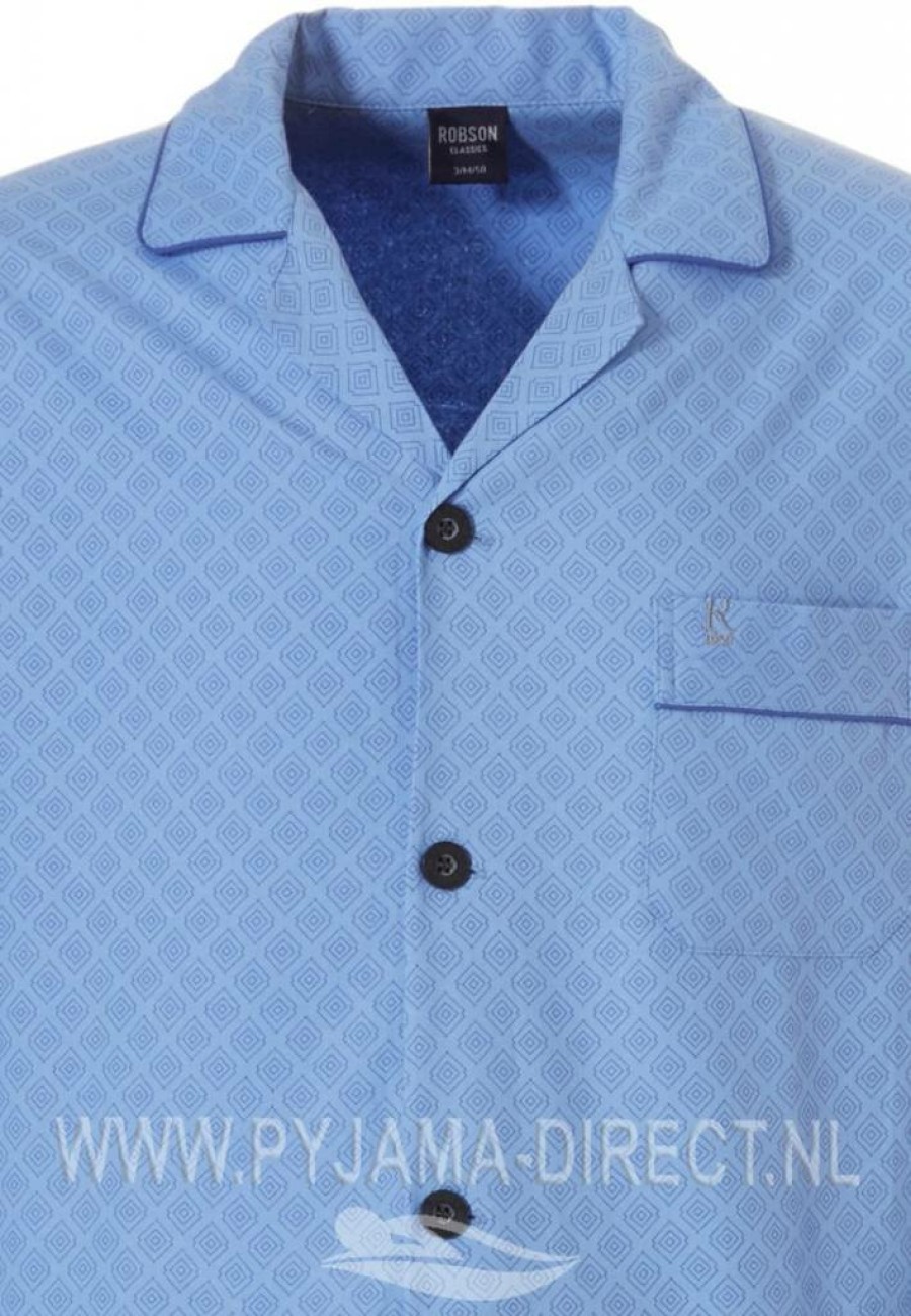 Robson Pyjamas | Robson Full Button, Fresh Blue Woven Cotton Men'S Pyjama 'Soft Diamond Pattern'