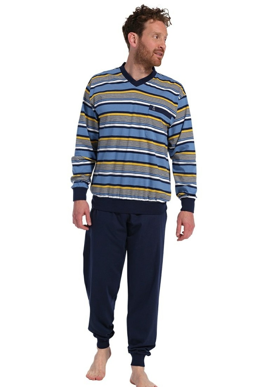 Robson Pyjamas | Robson Cotton 'V' Neck Mens Pyjama Set 'Mixed Stripes'