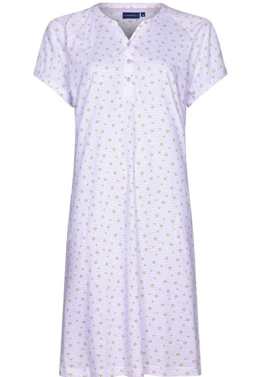 Pastunette Nightshirts | Pastunette Ladies Short Sleeve Cotton Nightdress With Pockets 'Flowery Lilac Stripes'