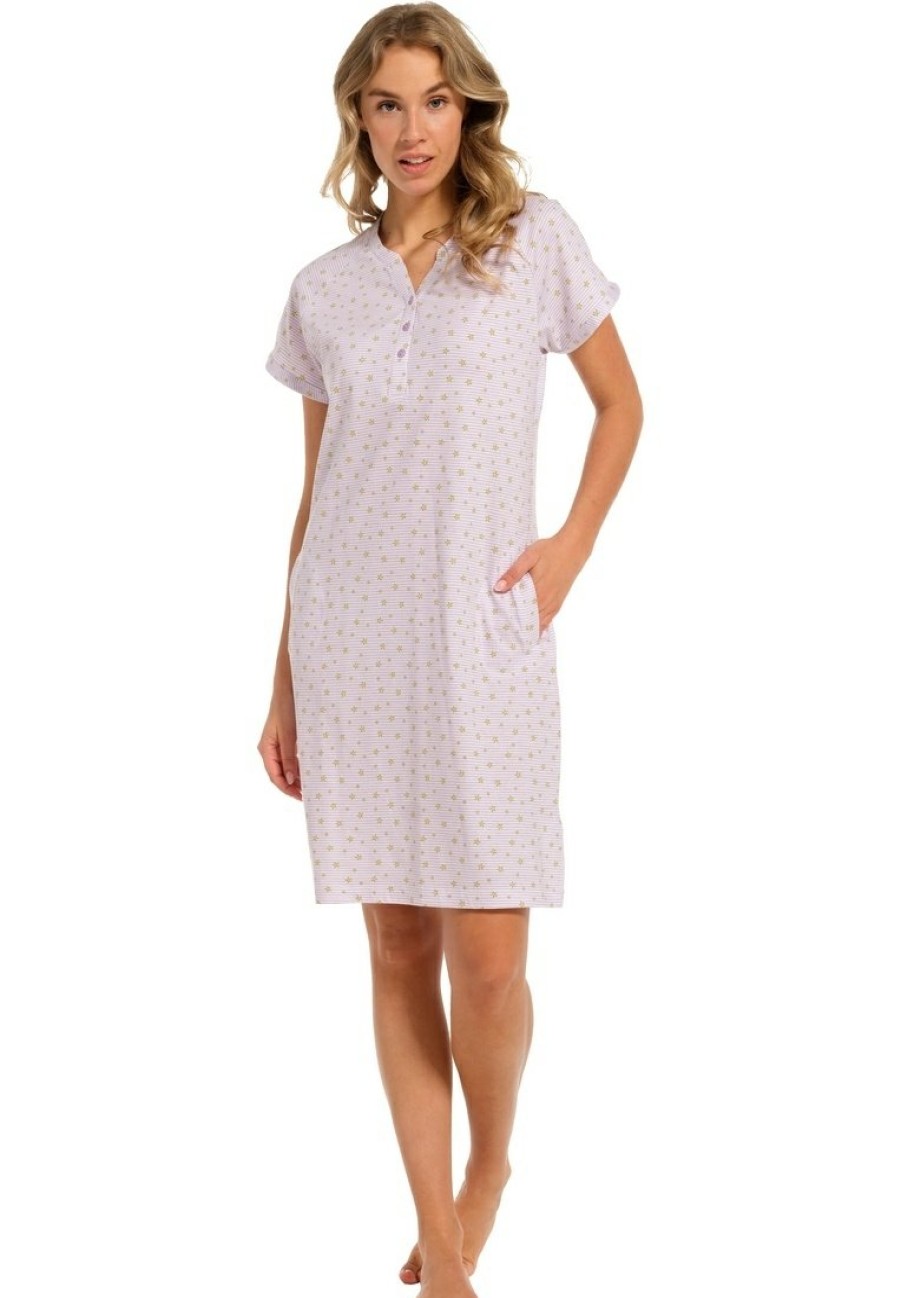 Pastunette Nightshirts | Pastunette Ladies Short Sleeve Cotton Nightdress With Pockets 'Flowery Lilac Stripes'