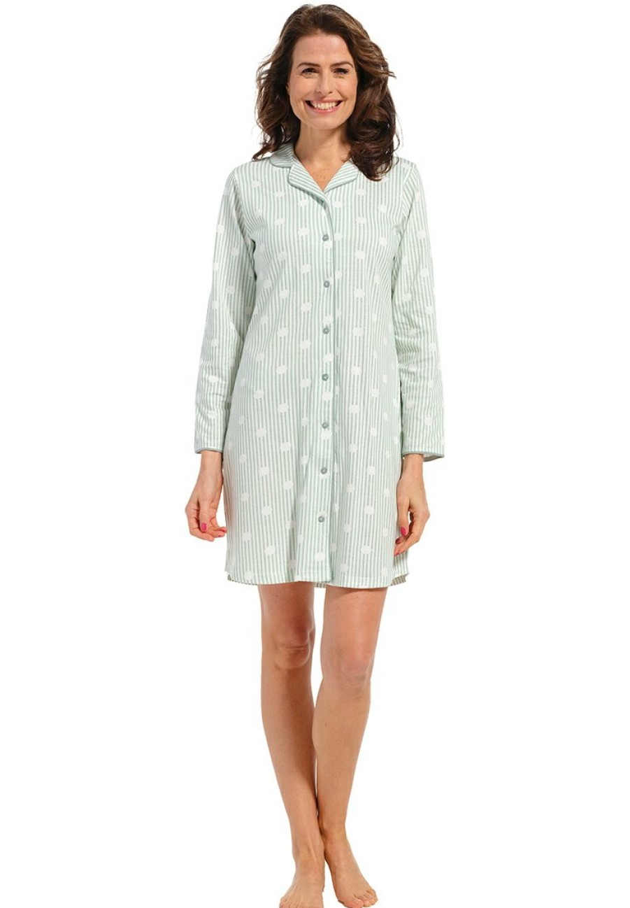 Pastunette Nightshirts | Pastunette Ladies Organic Cotton Long Sleeve Nightdress 'Dotty Circles & Stripes'