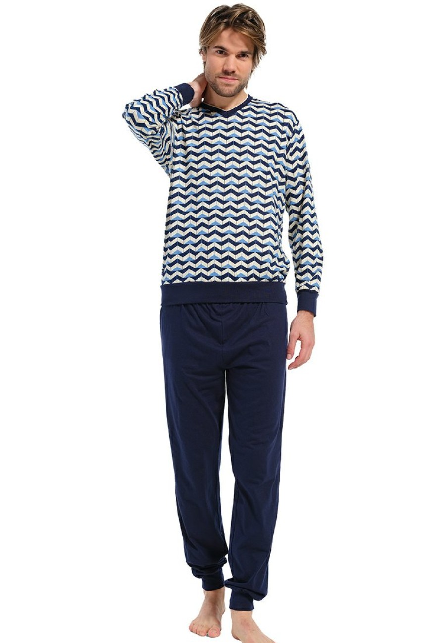 Pastunette for Men Pyjamas | Pastunette For Men Mens Cotton 'V'Neck Pyjama Set With Cuffed Pants 'Geometric Block Pattern'