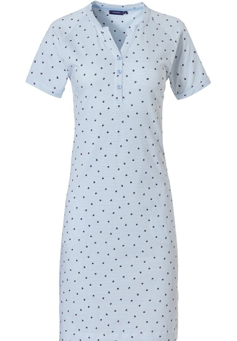 Pastunette Nightshirts | Pastunette Short Sleeve Cotton Nightdress With Buttons 'Pretty Bows & Fine Stripes'