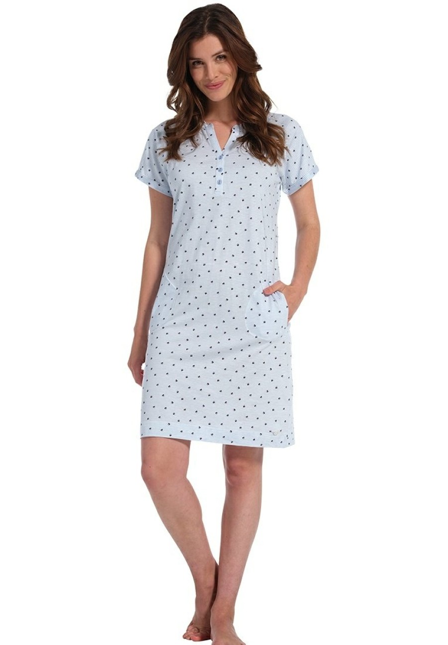 Pastunette Nightshirts | Pastunette Short Sleeve Cotton Nightdress With Buttons 'Pretty Bows & Fine Stripes'