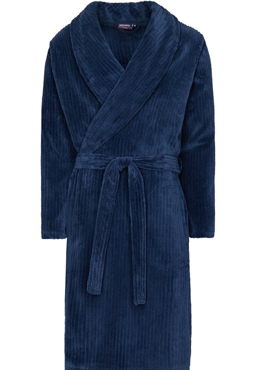 Pastunette for Men Bathrobes | Pastunette For Men Mens Dark Blue Wrap-Over Fleece Robe 'Cool Trendy Lines'