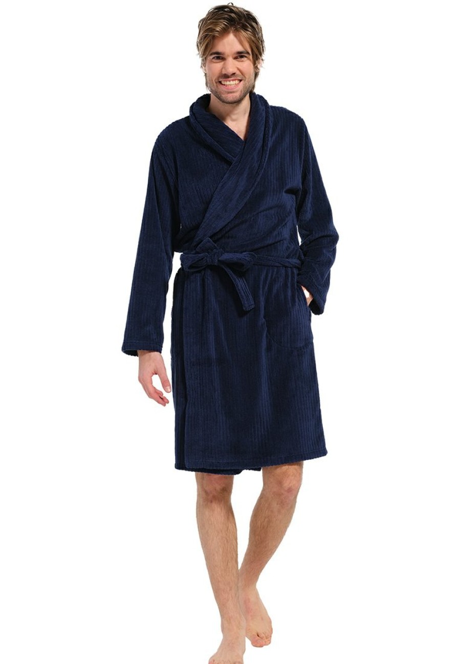 Pastunette for Men Bathrobes | Pastunette For Men Mens Dark Blue Wrap-Over Fleece Robe 'Cool Trendy Lines'