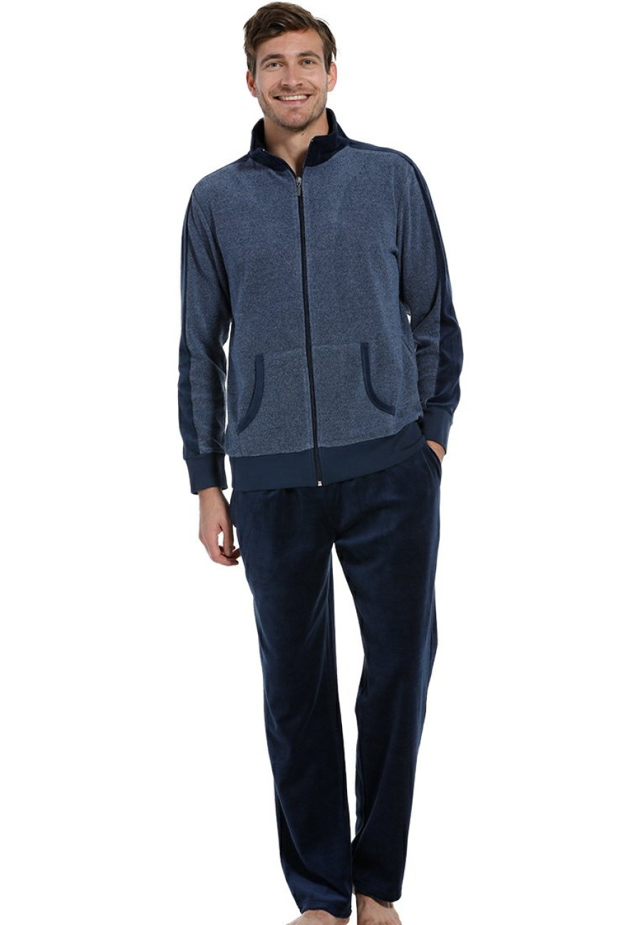 Pastunette for Men Homesuits | Pastunette For Men Men'S Dark Blue Terry Lounge Homesuit With Full Zip 'A Little Bit Sporty'