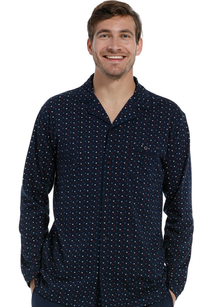 Pastunette for Men Mix & Match | Pastunette For Men Mix & Match Blue Long Sleeve, Full Button, Cotton Pyjama Top 'Trendy Triangles'