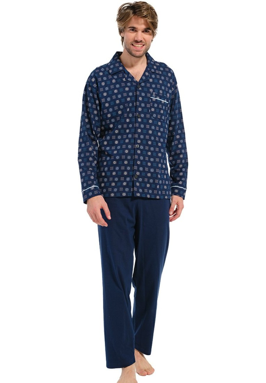 Robson Pyjamas | Robson Mens Long Sleeve Full Button Cotton Pyjama Set 'Brick Blocks'