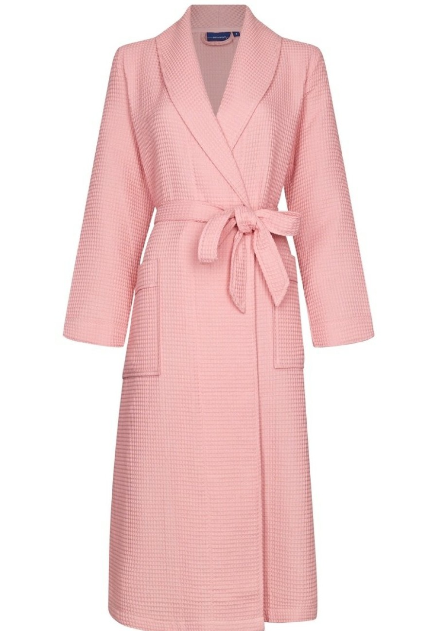 Pastunette Bathrobes | Pastunette Ladies Pink Cotton-Mix Wrap-Over Morninggown With Shawlcollar 'Waffle Design'