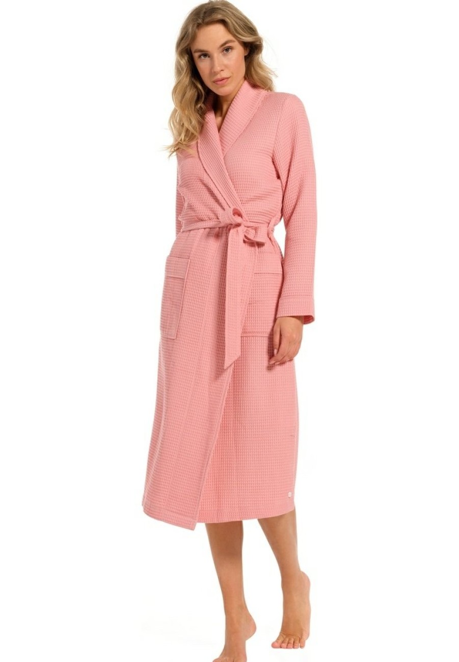 Pastunette Bathrobes | Pastunette Ladies Pink Cotton-Mix Wrap-Over Morninggown With Shawlcollar 'Waffle Design'