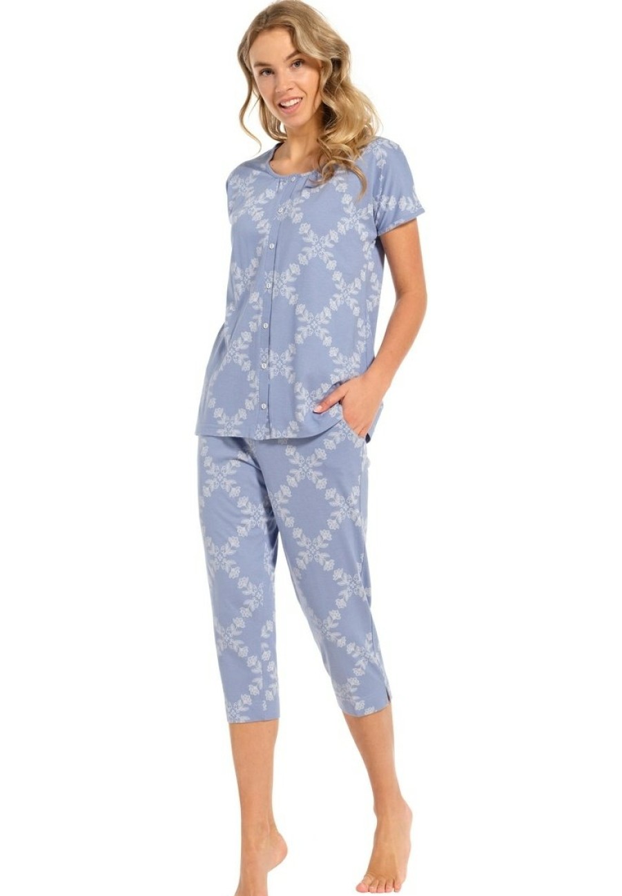 Pastunette Deluxe Pyjamas | Pastunette Deluxe Ladies Short Sleeve Cotton-Modal Full Button Luxury 3/4 Pyjama 'Floral Diamonds'