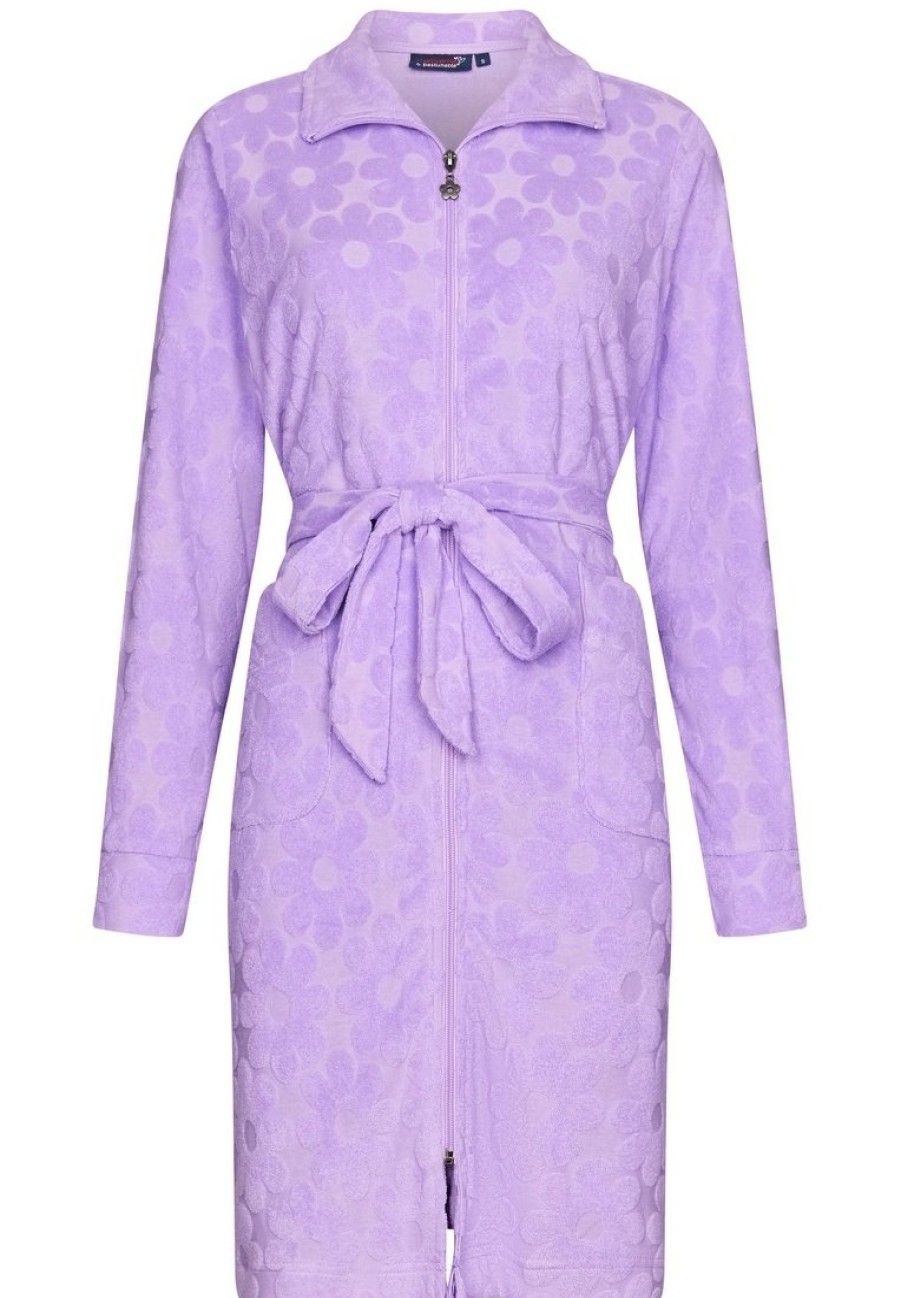 Rebelle Bathrobes | Rebelle Lovely Lilac Embossed Cotton-Terry Morninggown With Zip 'Fabulous Flower'