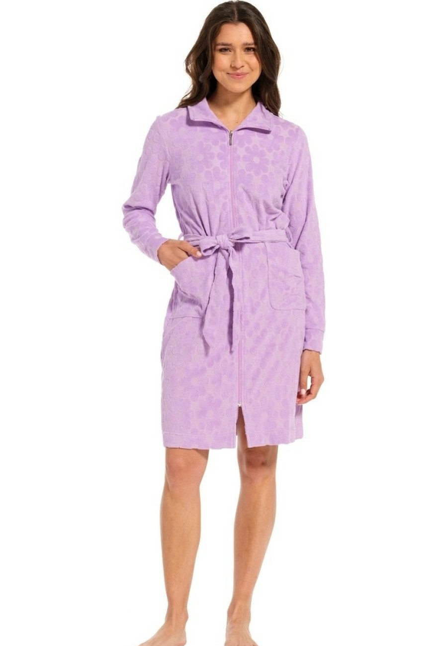 Rebelle Bathrobes | Rebelle Lovely Lilac Embossed Cotton-Terry Morninggown With Zip 'Fabulous Flower'