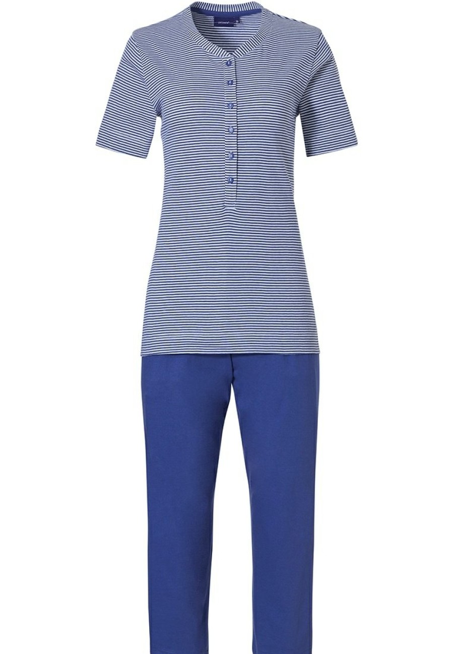 Pastunette Pyjamas | Pastunette Ladies Short Sleeve Cotton Pyjama Set With Buttons 'Dark Blue Fine Stripes'