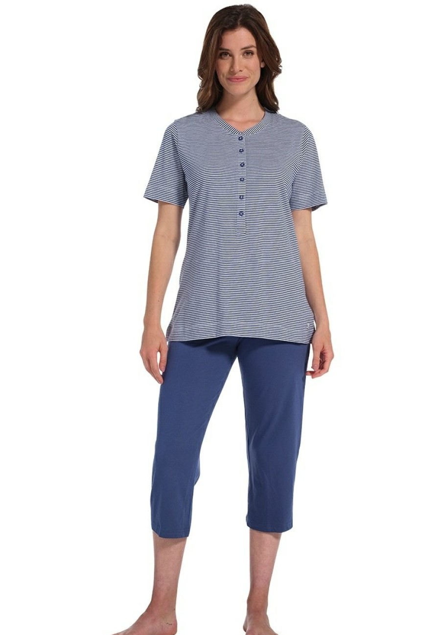 Pastunette Pyjamas | Pastunette Ladies Short Sleeve Cotton Pyjama Set With Buttons 'Dark Blue Fine Stripes'