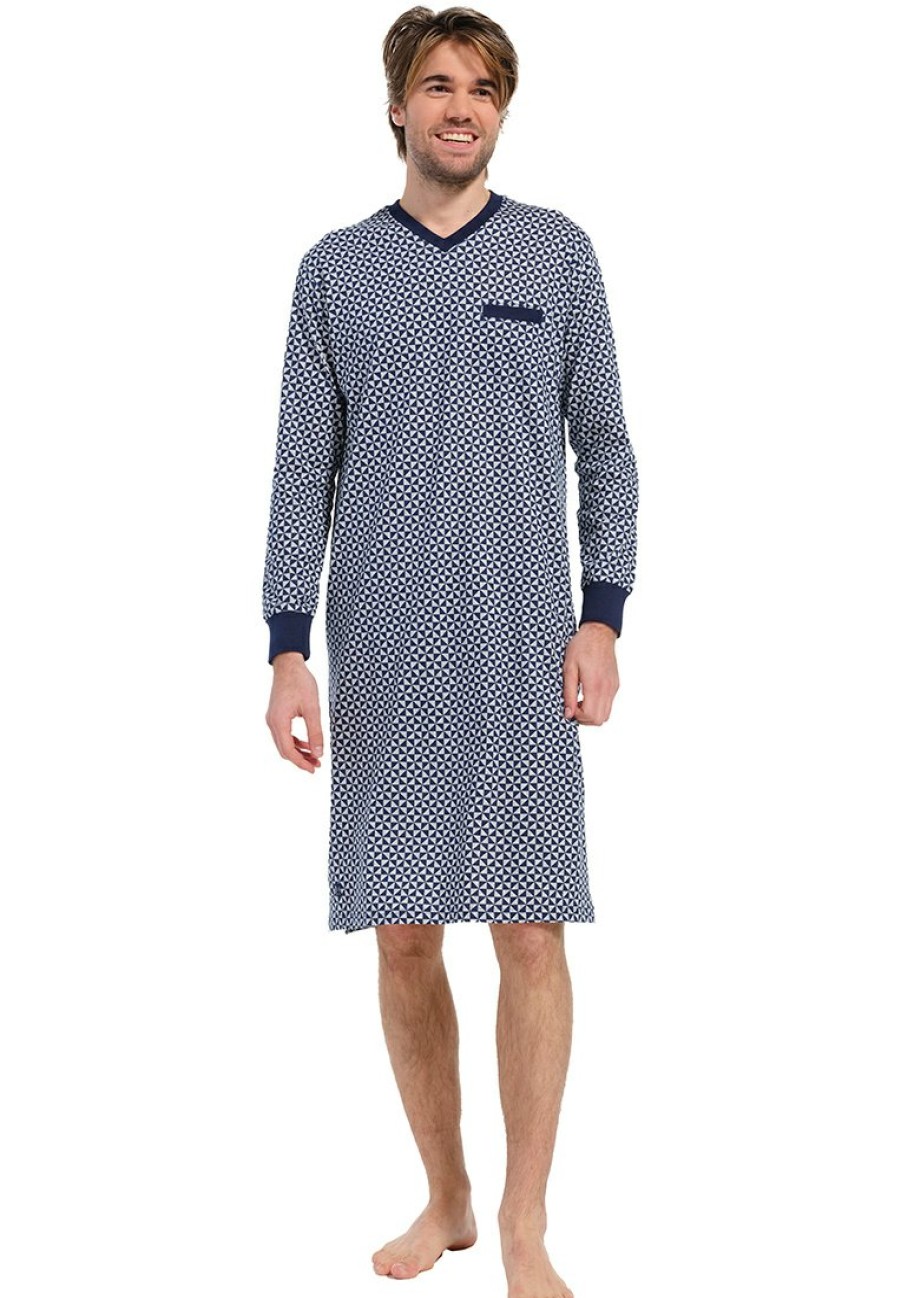 Pastunette for Men Nightshirts | Pastunette For Men Mens Long Sleeve 'V' Neck Cotton Nightdress 'Geometric Fan Square'