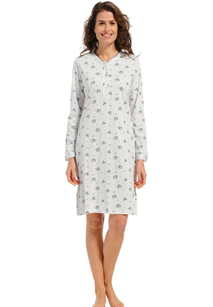 Pastunette Nightshirts | Pastunette Ladies Organic Cotton Long Sleeve Nightdress 'Wishy Flower & Stripes'