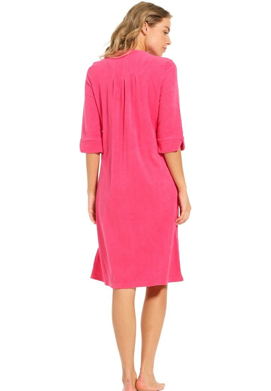 Pastunette Bathrobes | Pastunette Ladies Pink Full Button 3/4 Sleeve Summer Cotton-Terry Morninggown